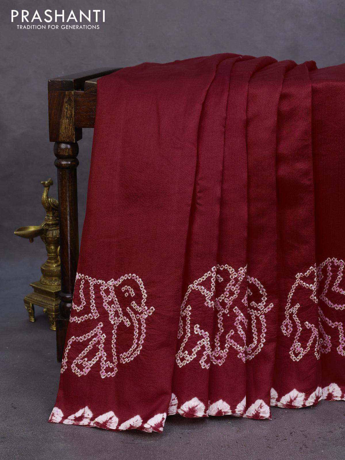 Chiniya silk saree maroon with allover bandhani prints