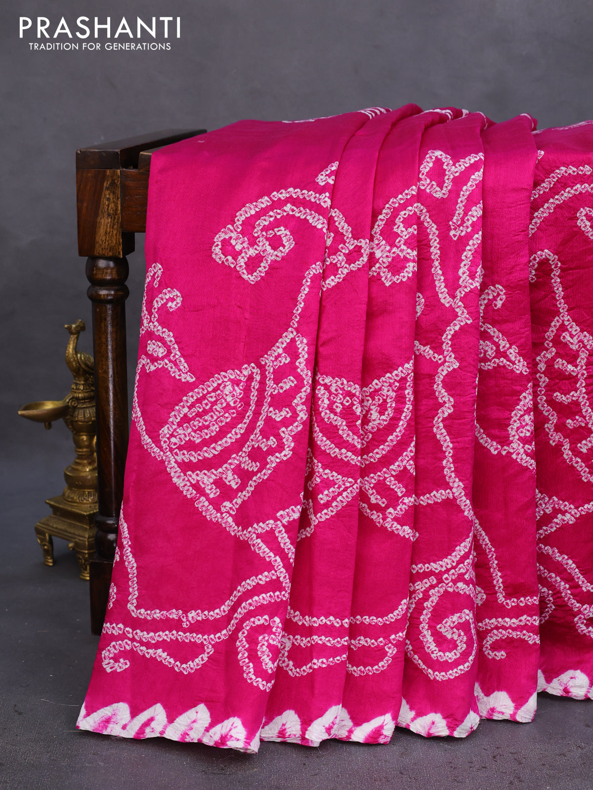 Chiniya silk saree magenta pink with allover bandhani prints