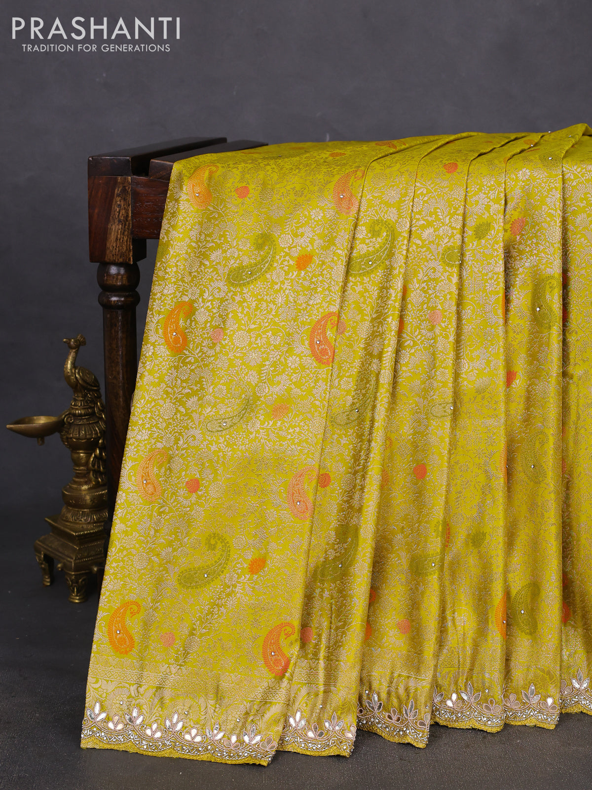 Banarasi silk saree lime yellow with allover zari woven brocade weaves and zaridosi gotapatti work border