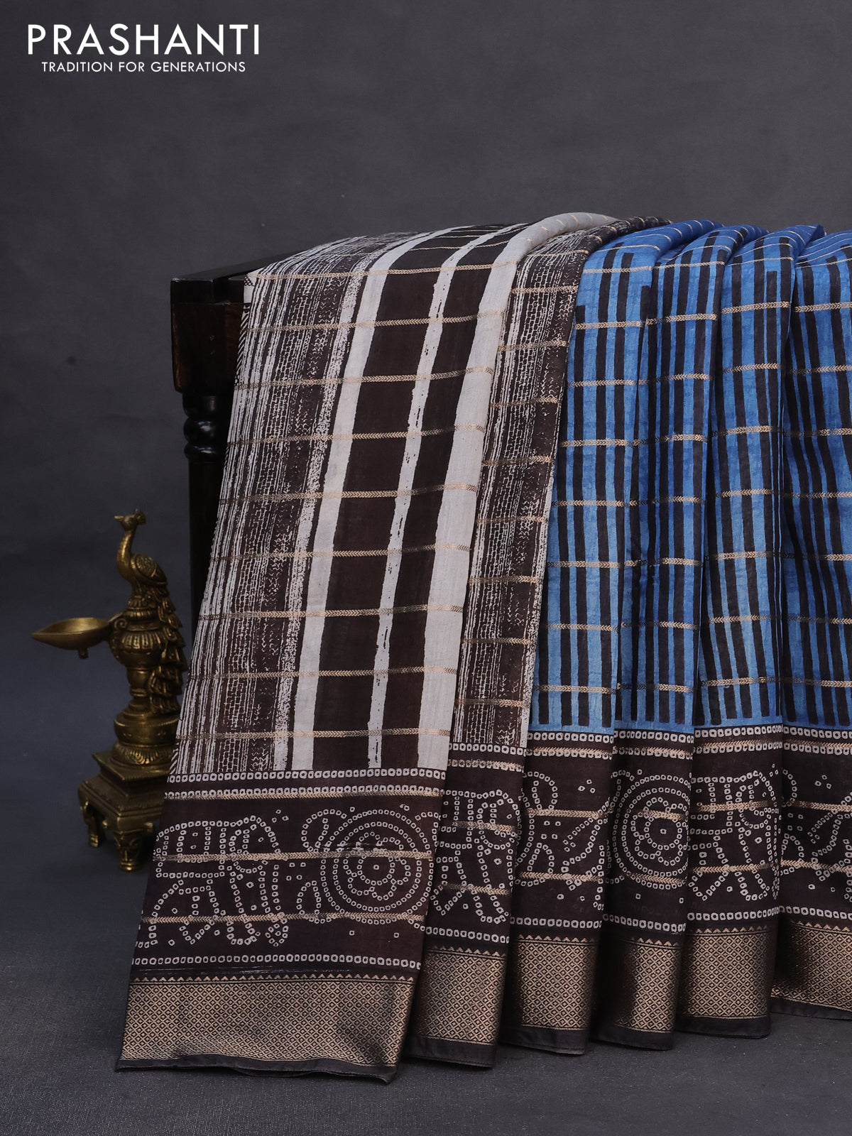 Assam partly silk saree peacock blue and black with digital prints & zari weaves and zari woven border