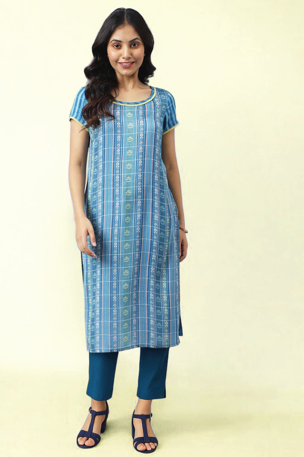 Blue Yarn Dyed Straight Kurta and Trouser Co-ord Set