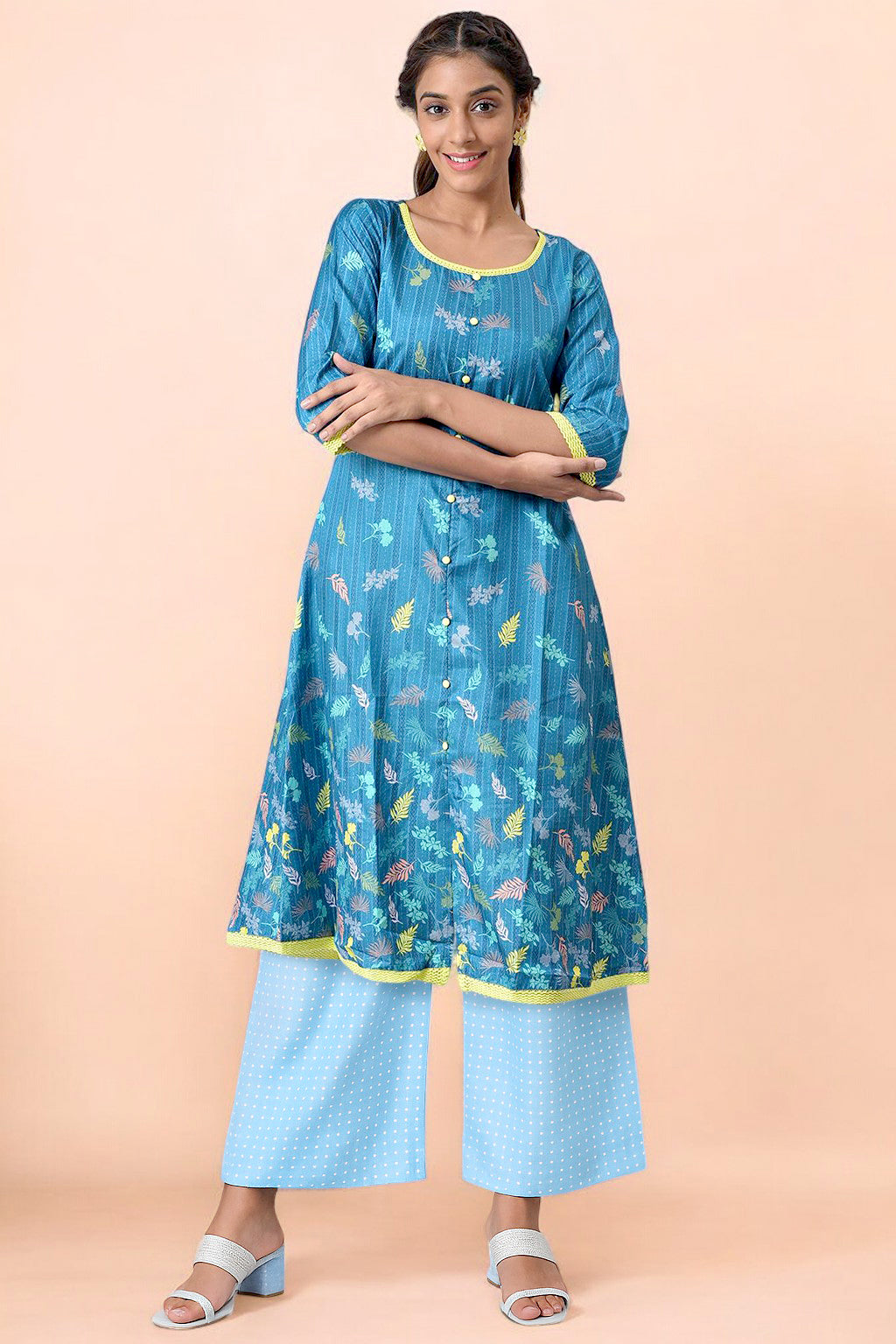 Blue Floral Printed A-line Kurta and Palazzo Set