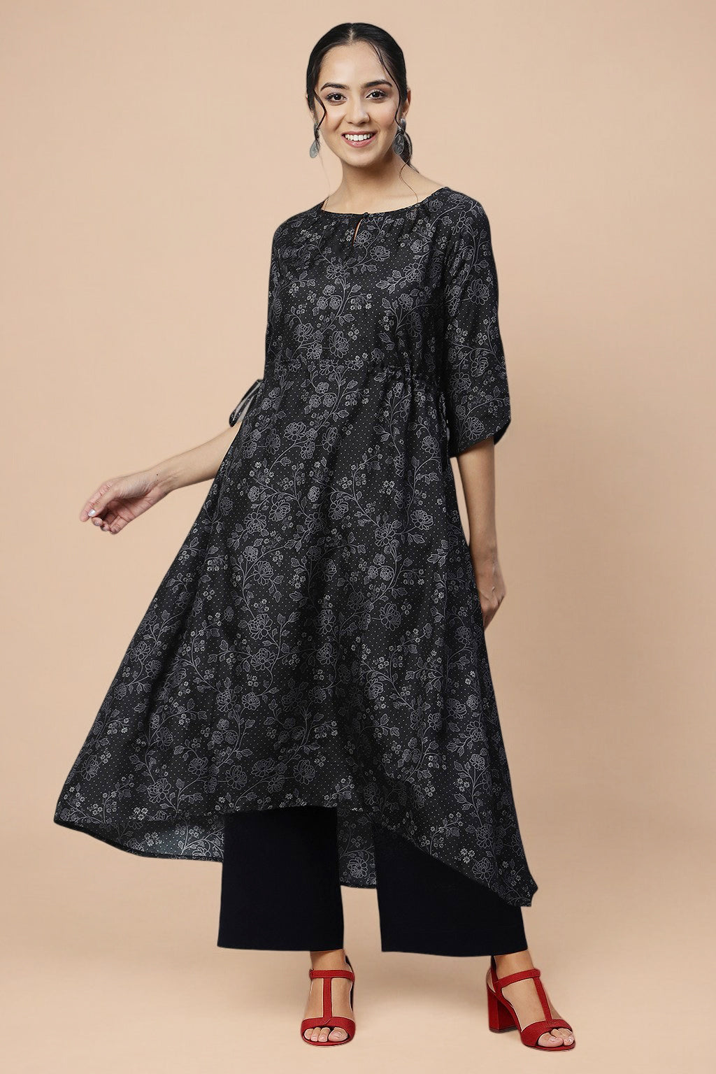 Black Floral Printed Flared Kurta and Palazzo Co-ord Set