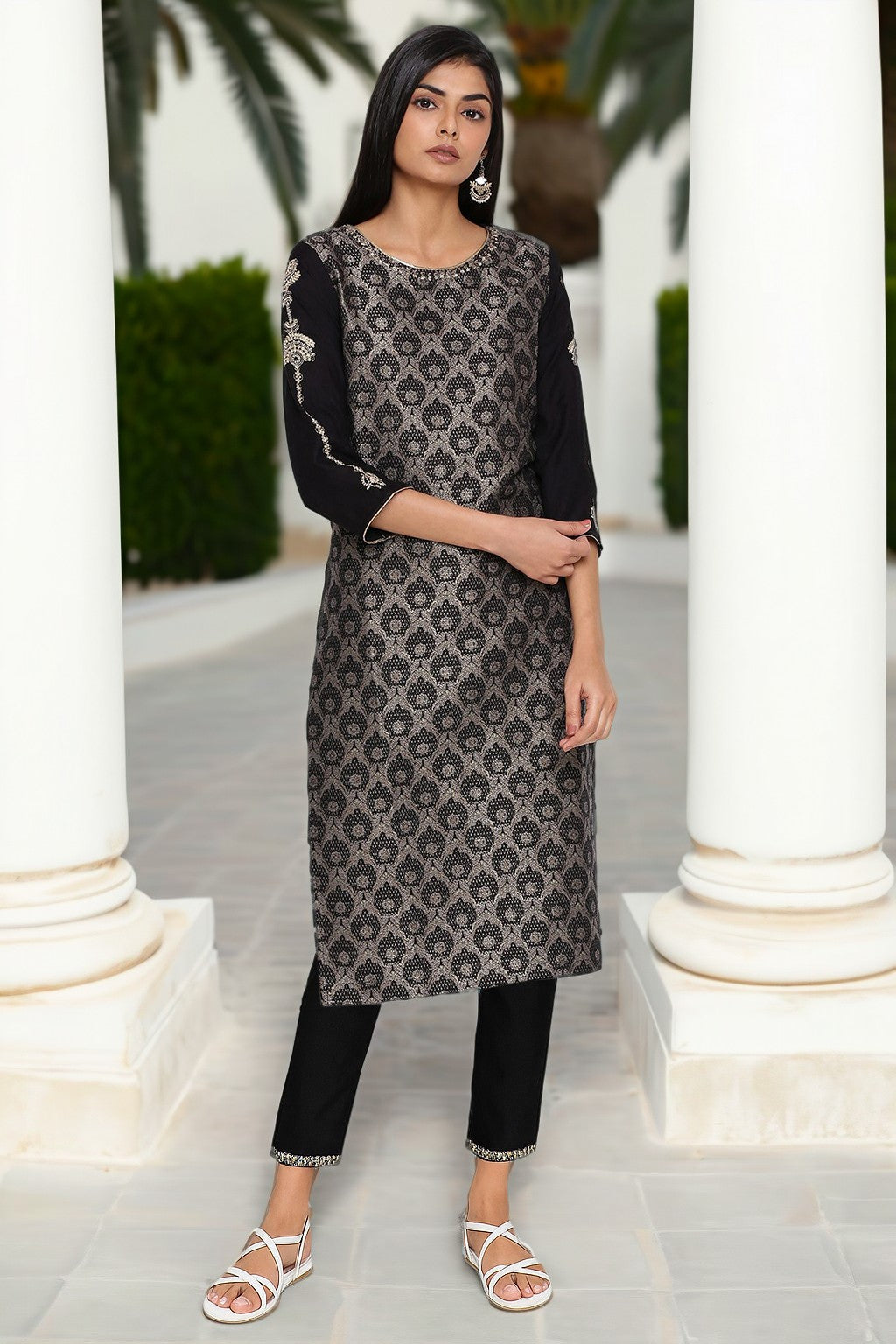 Black Metallic Embroidery Cotton Blend Straight Kurta and Slim Pant Set
