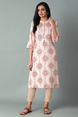 Beige Geometric Printed Rayon Straight Kurta and Slim Pant Set