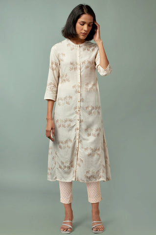 Beige Printed Rayon A-Line Kurta and Slim Pant Set