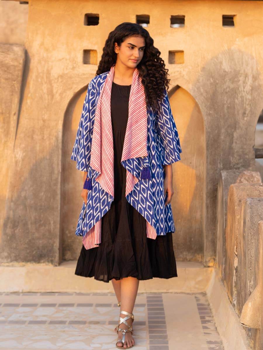 Wanderer Block Printed Waterfall Reversible Shrug