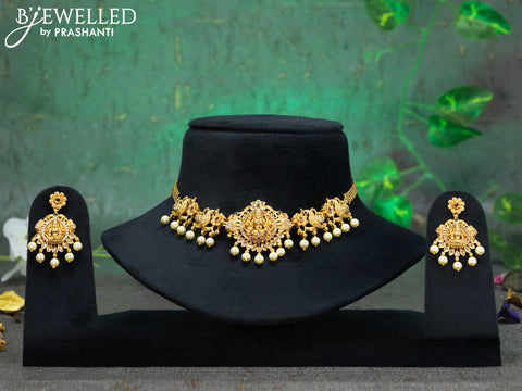 Antique choker lakshmi design with kemp & cz stones and pearl hangings