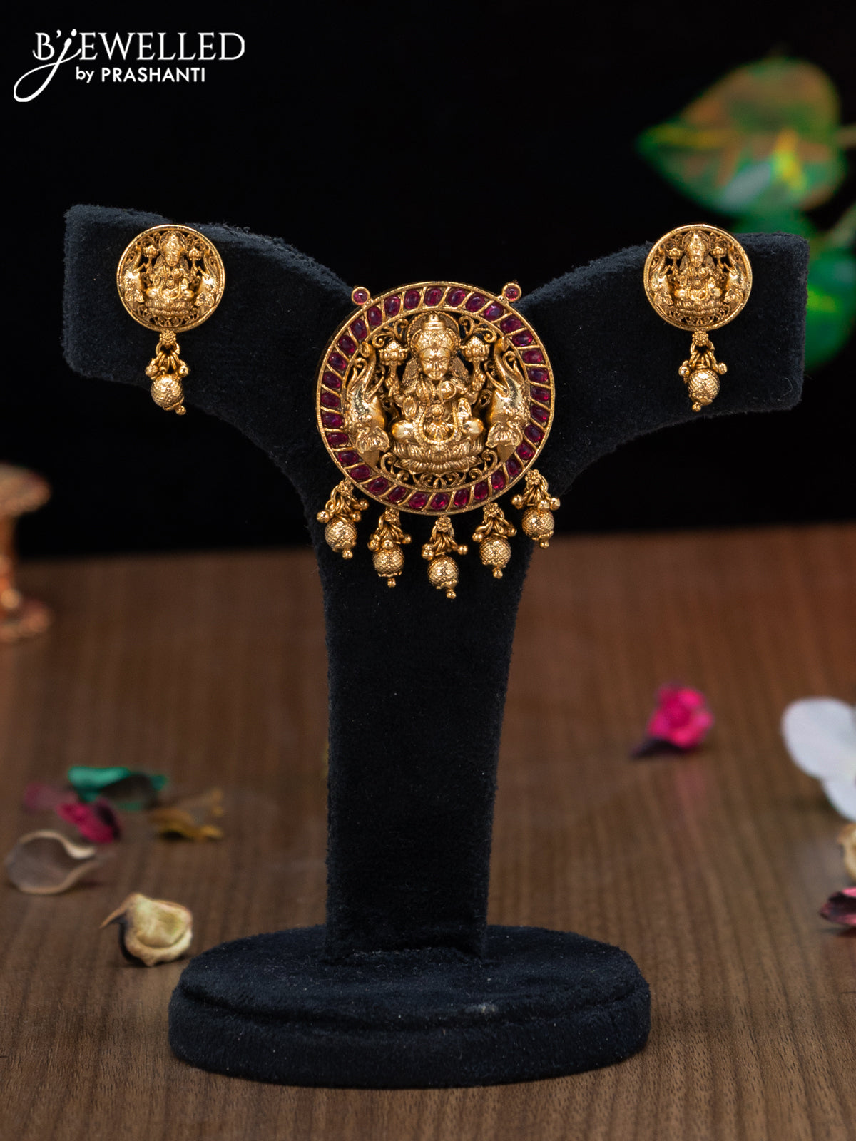 Antique pendant set lakshmi design with ruby stones and golden beads hangings