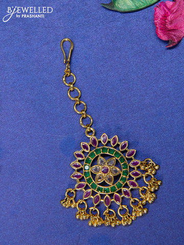 Antique maang tikka floral design with kemp & cz stones and golden beads hangings