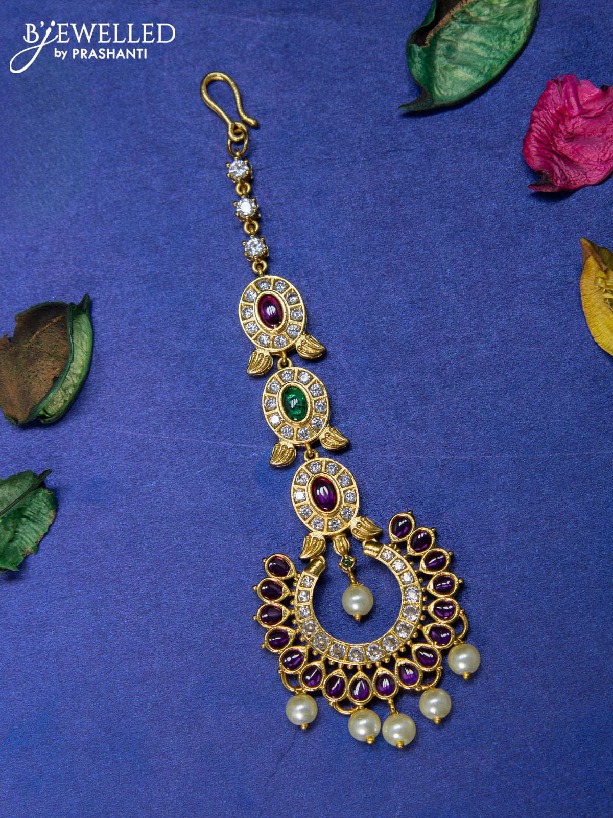 Antique maang tikka with kemp & cz stones and pearl hangings