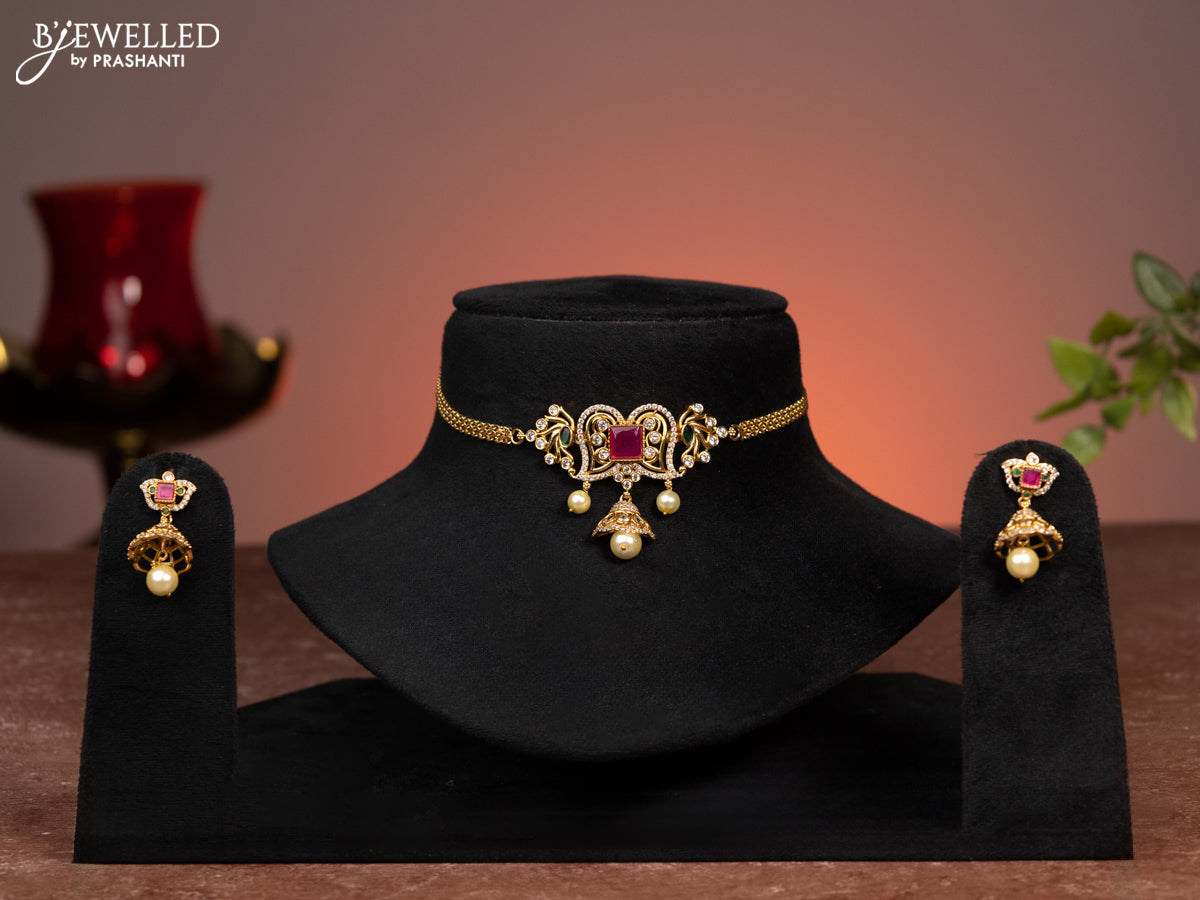 Antique choker with kemp & cz stones and pearl hanging