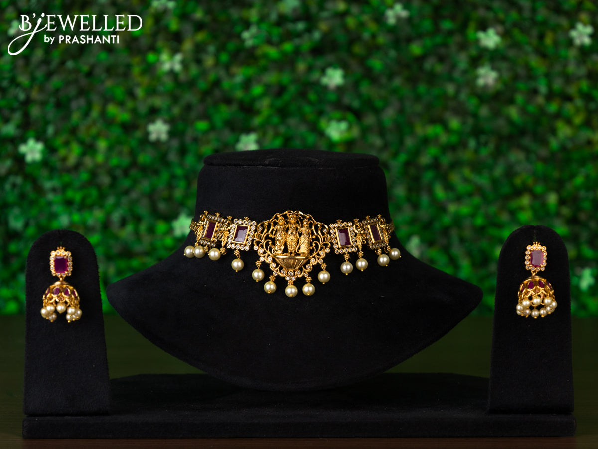 Antique choker ram darbar design with pink kemp & cz stones and pearl hangings