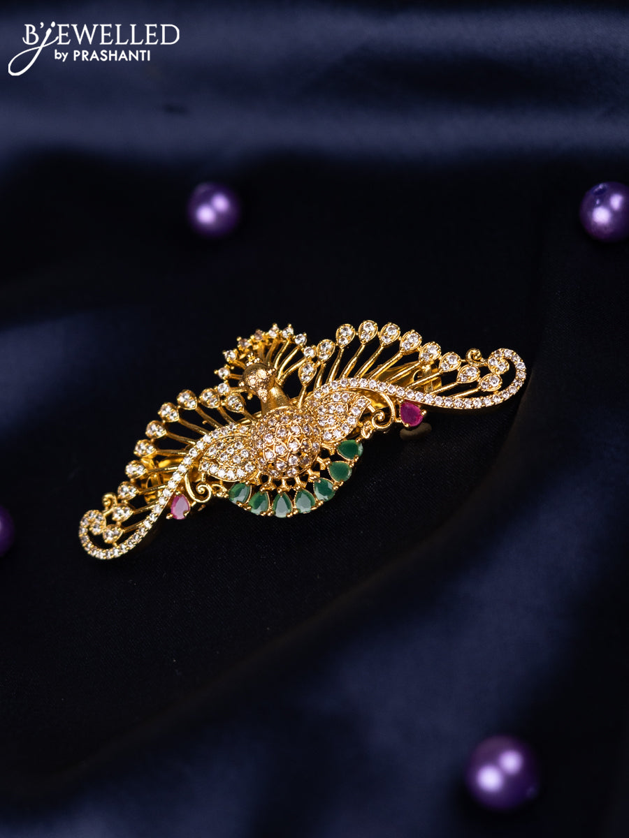 Antique hair clips medium size peacock design with kemp and cz stones
