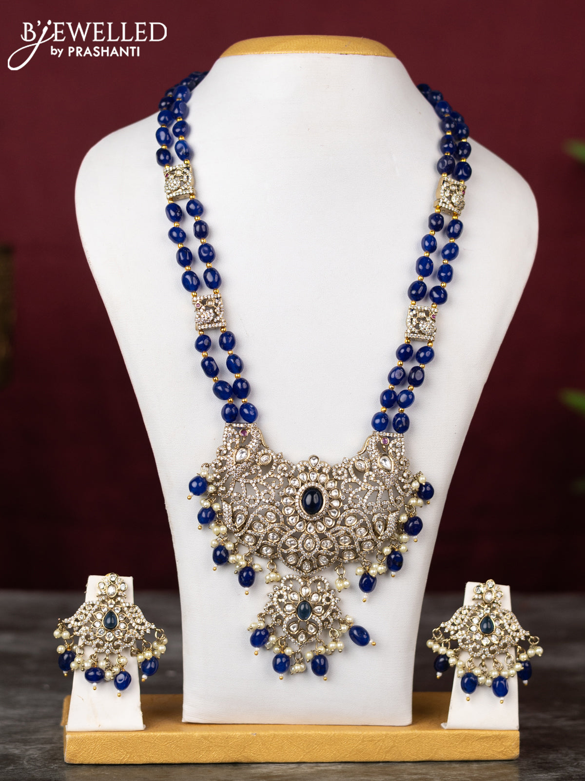Beaded double layer blue haram with sapphire & kundan cz stones and pearl & beads hangings in victorian finish