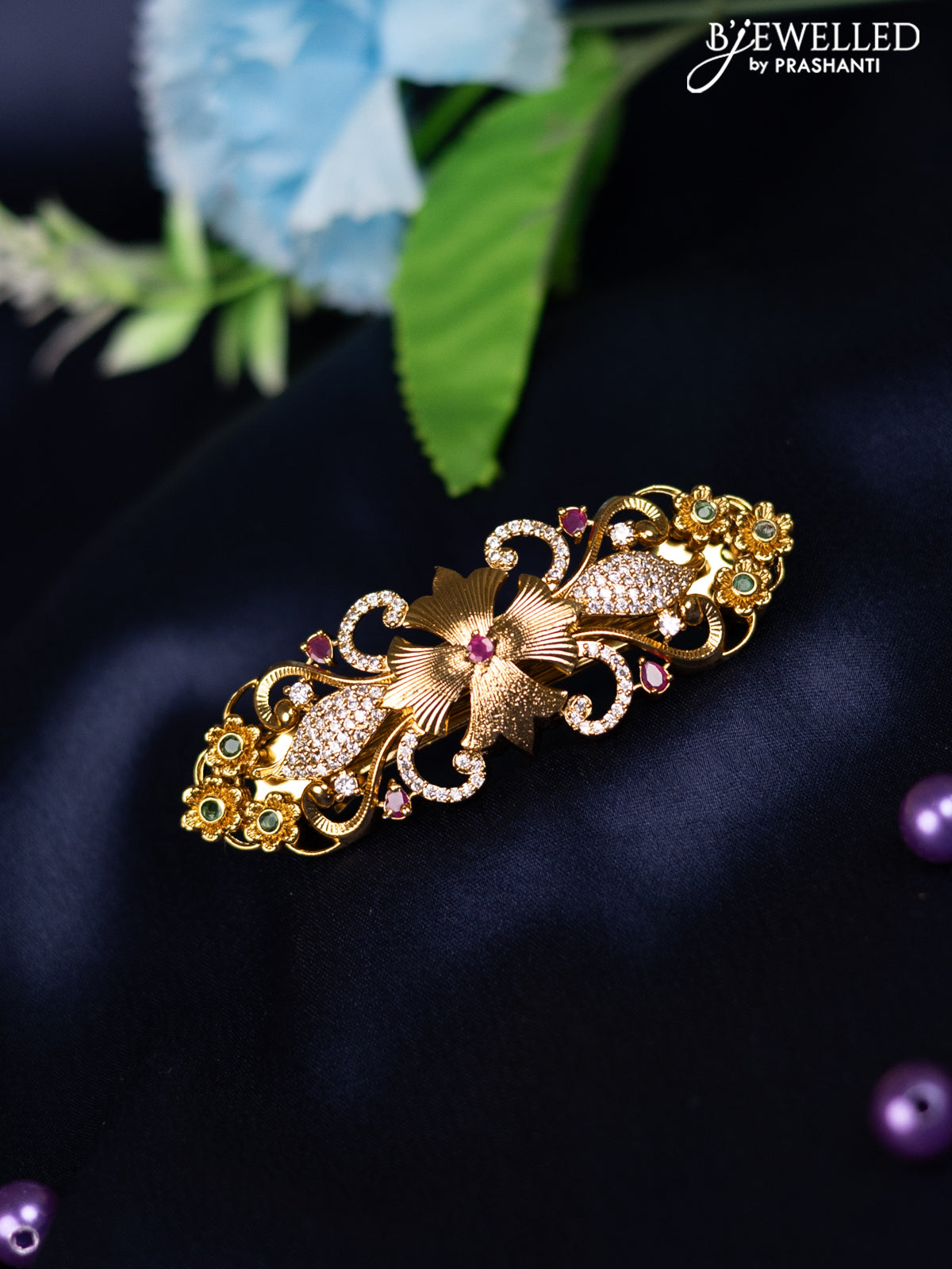 Antique hair clip medium size floral design with kemp and cz stones