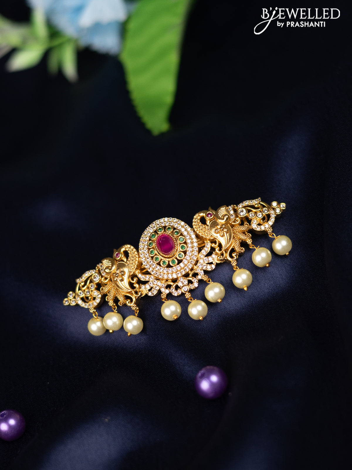 Antique hair clip medium size peacock design with kemp & cz stones and pearl hangings