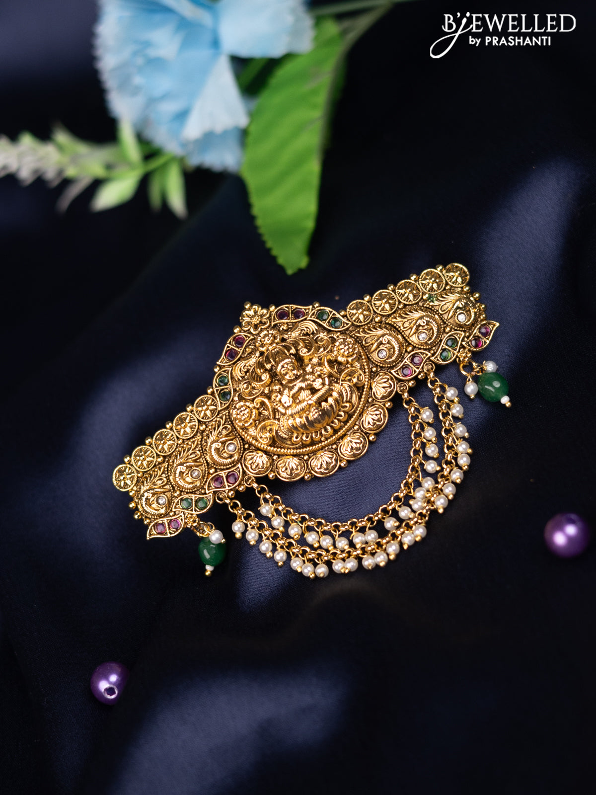 Antique hair clip medium size lakshmi design with kemp & kundan stones and pearl & beads hanging