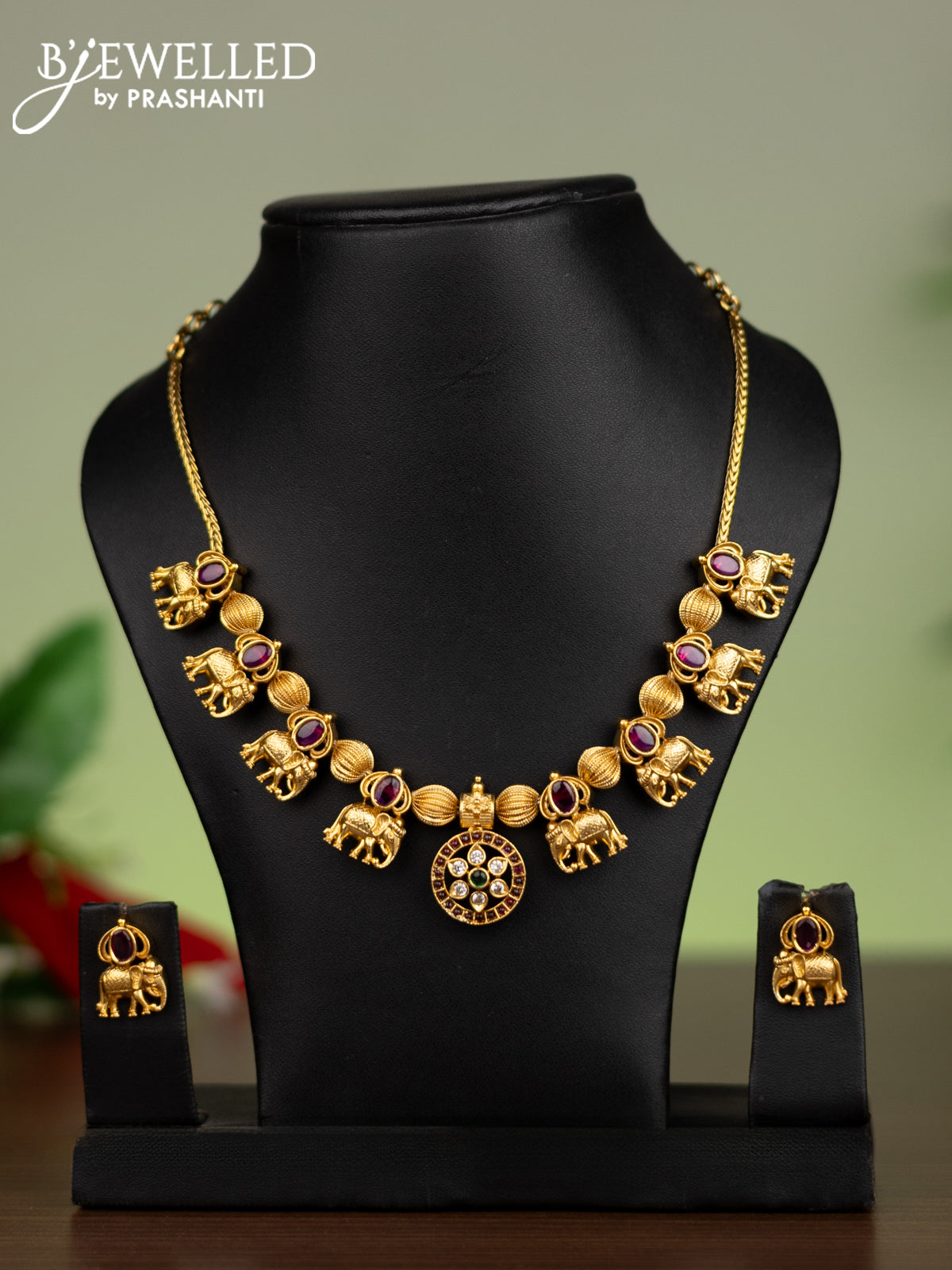 Antique attigai necklace elephant design with kemp and cz stones