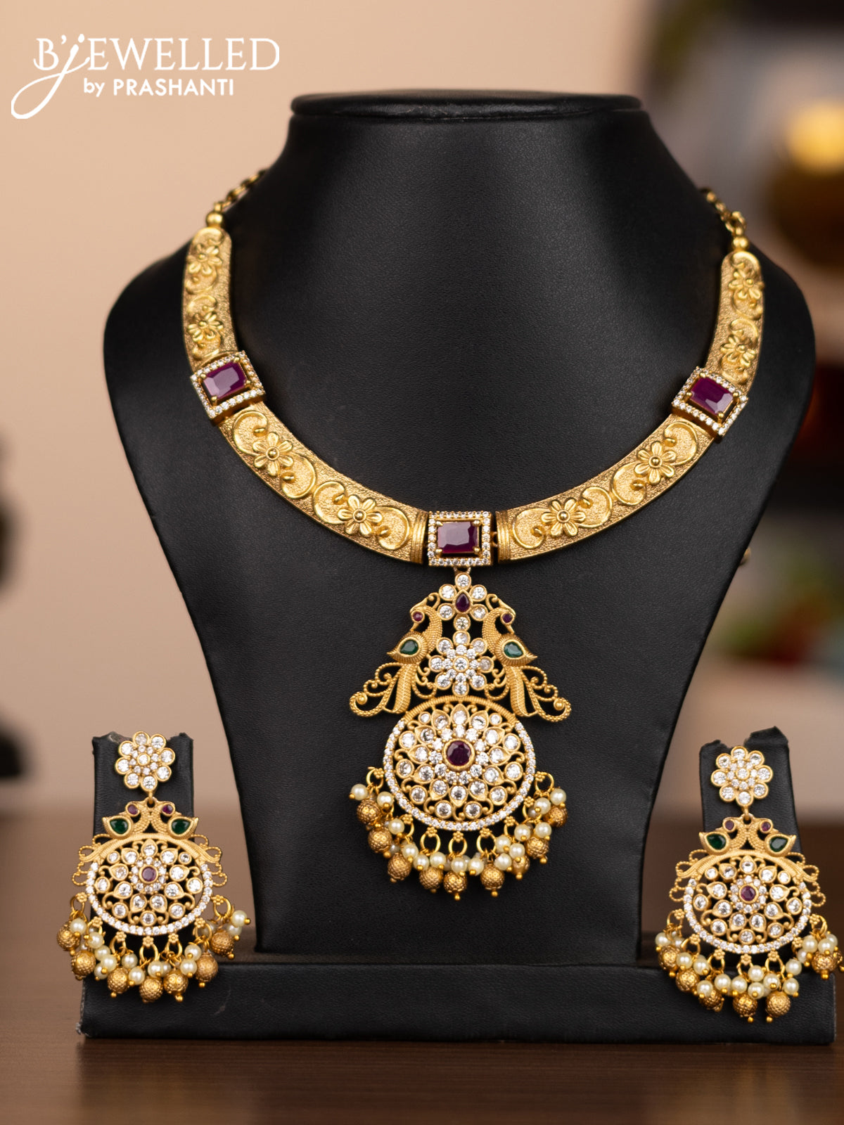 Antique neckalce peacock design with kemp & cz stones and pearl & golden beads hanging