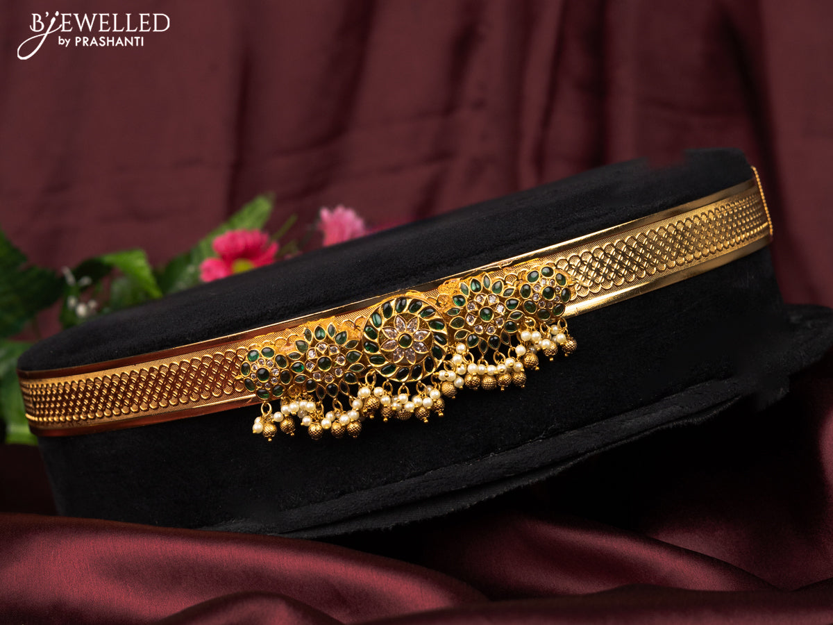 Antique self embosse hip belt floral design with green kemp & cz stones and pearl hangings