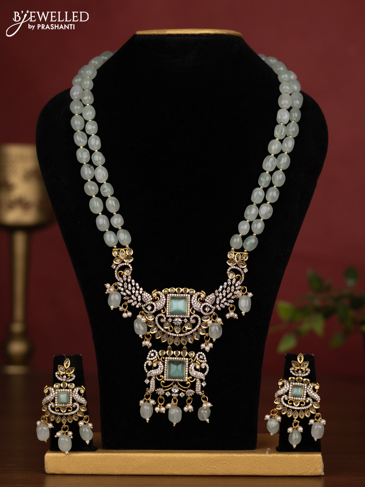 Beaded double layer mint green necklace with cz stones and pearl & beads hanging in victorian finish