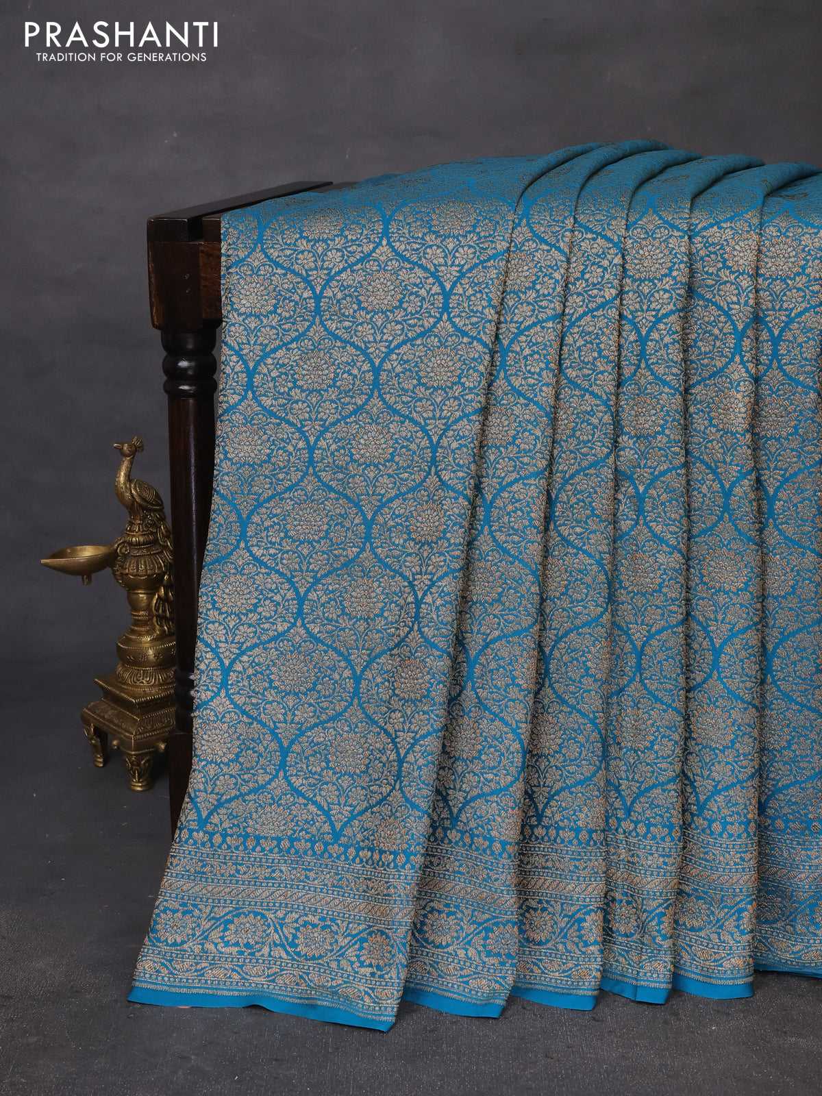 Banarasi crepe saree teal green shade with allover thread & zari woven brocade weaves and woven border