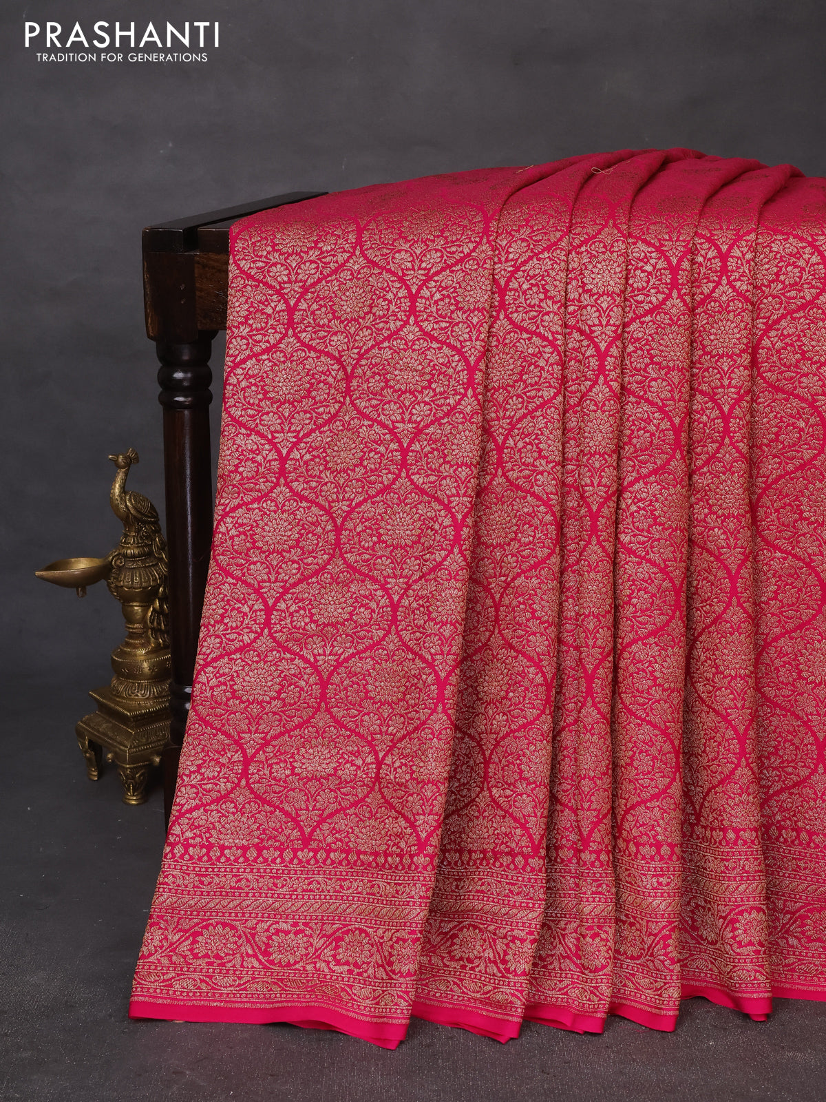 Banarasi crepe saree rani pink with allover thread & zari woven brocade weaves and woven border