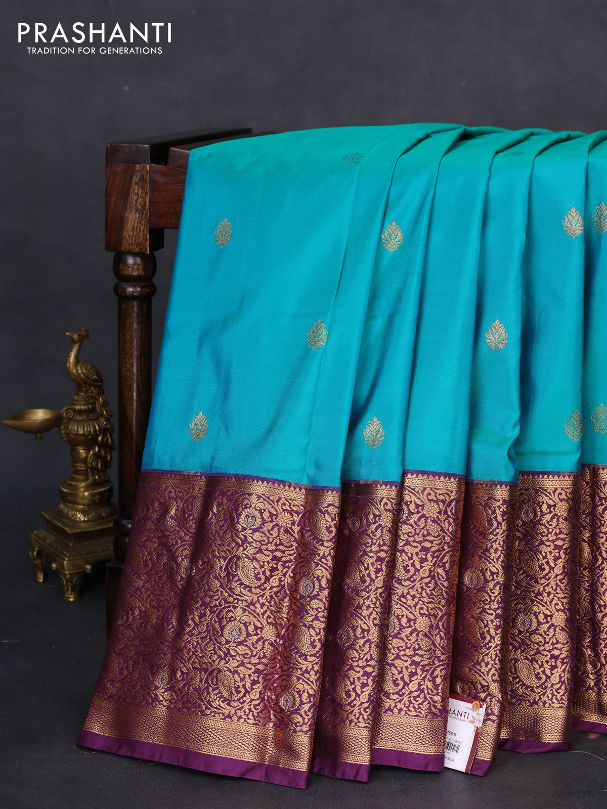 Bangalori silk saree teal green and purple with zari woven buttas and long zari woven border