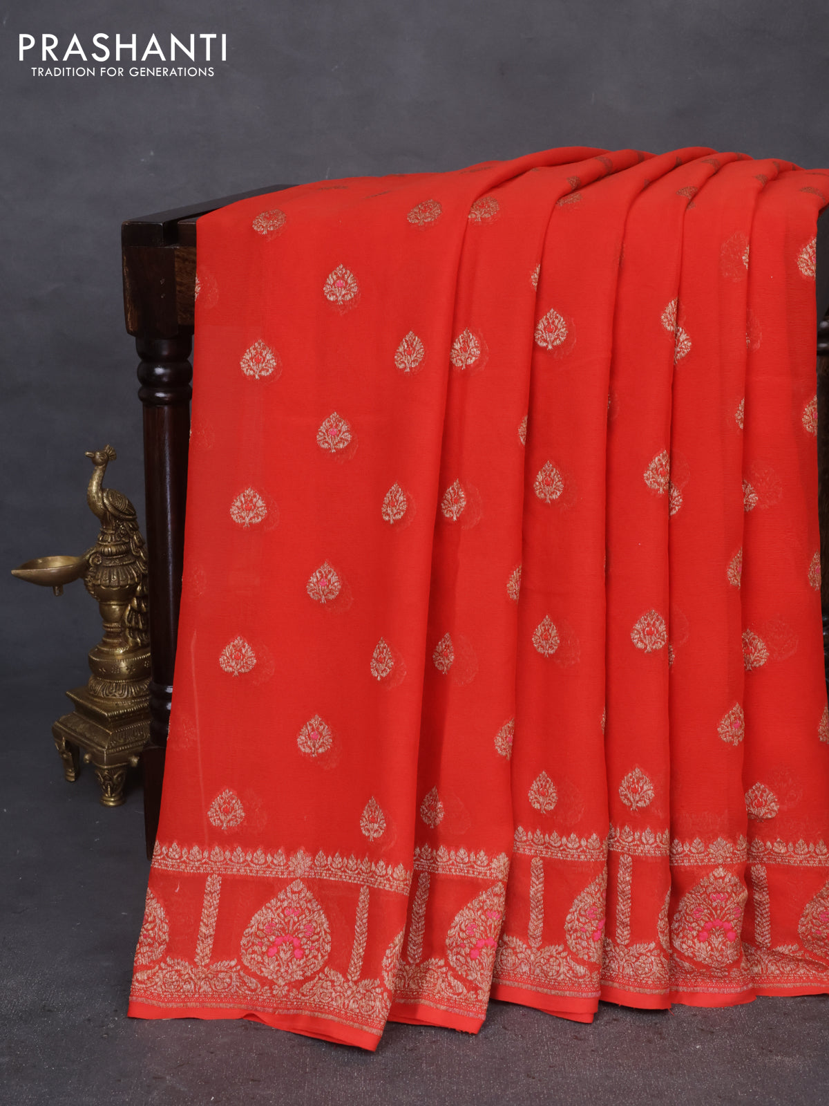 Banarasi georgette saree red with allover thread & zari butta weaves and woven border