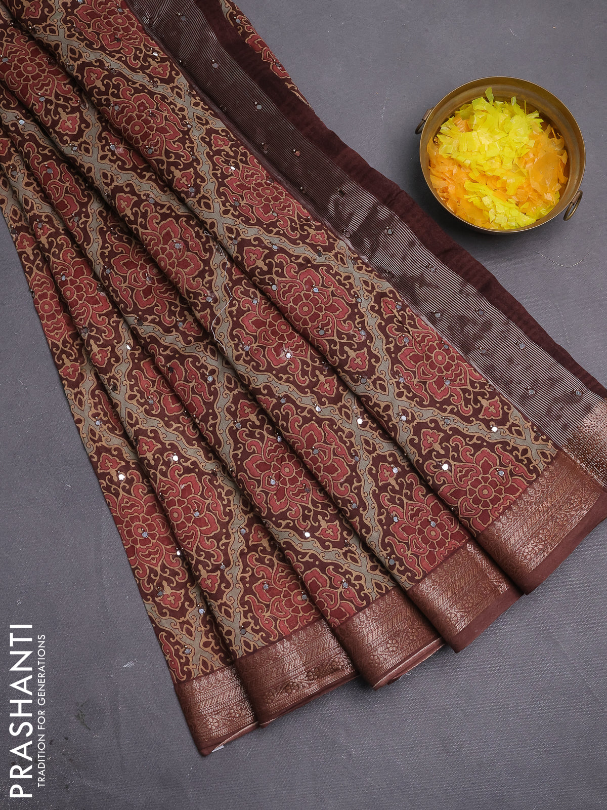 Chanderi silk cotton saree brown with allover prints & mirror work and woven border