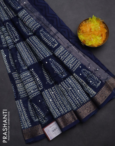 Chanderi silk cotton saree peacock blue with allover prints & mirror work and woven border