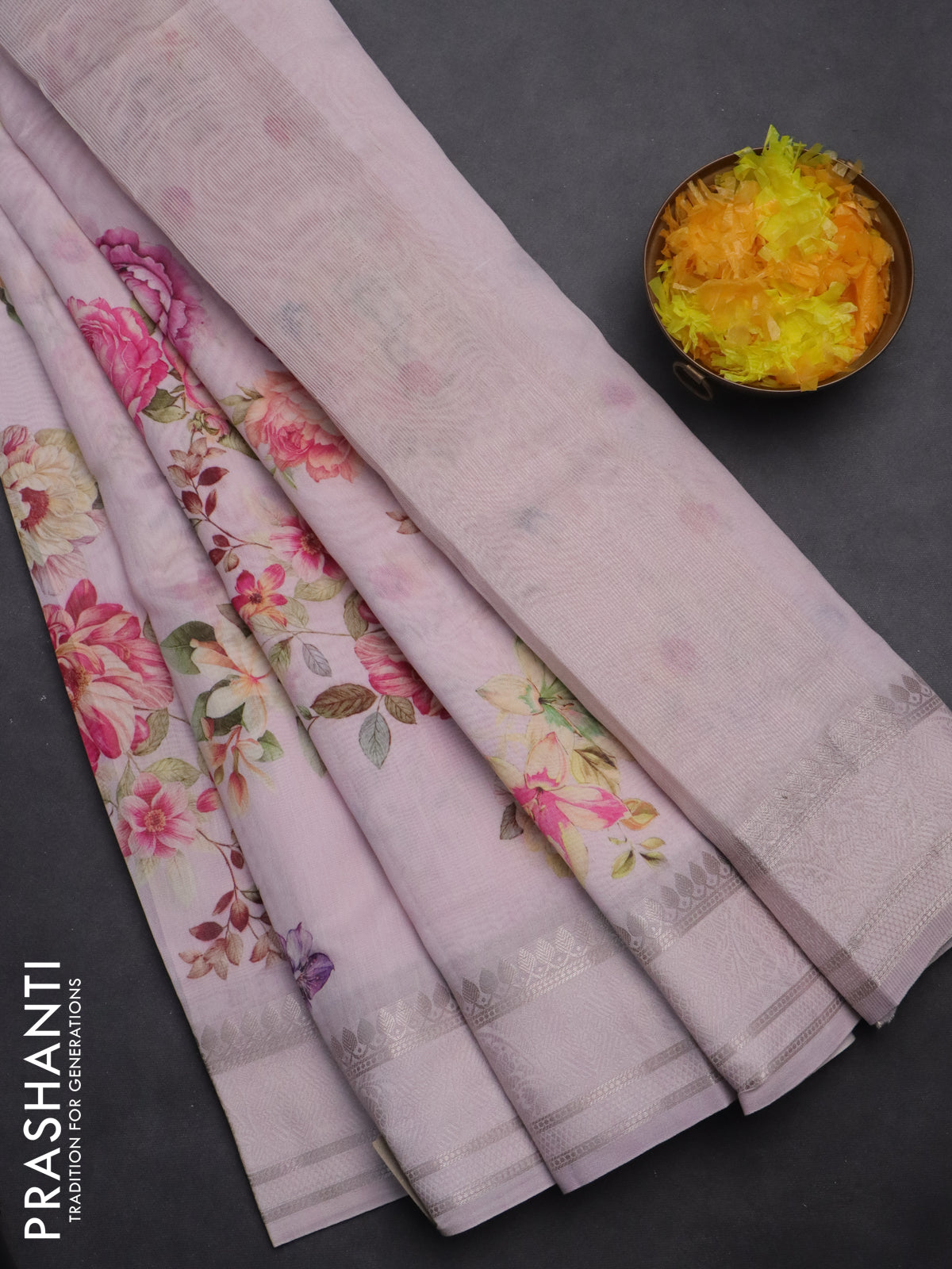 Chanderi silk cotton saree baby pink with allover floral digital prints and thread & zari woven border