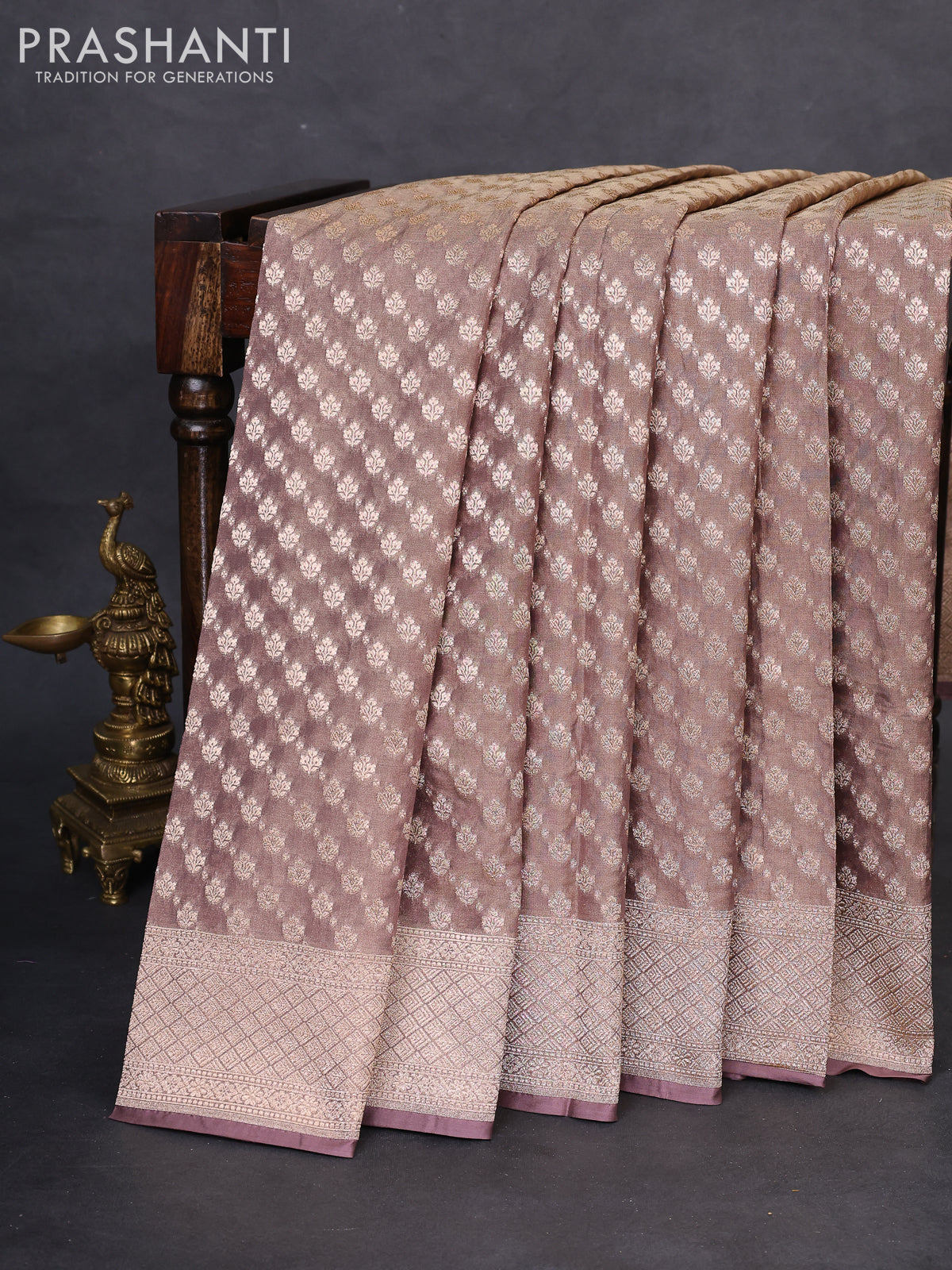Banarasi tissue silk saree pastel brown with allover zari woven brocade weaves and zari woven border