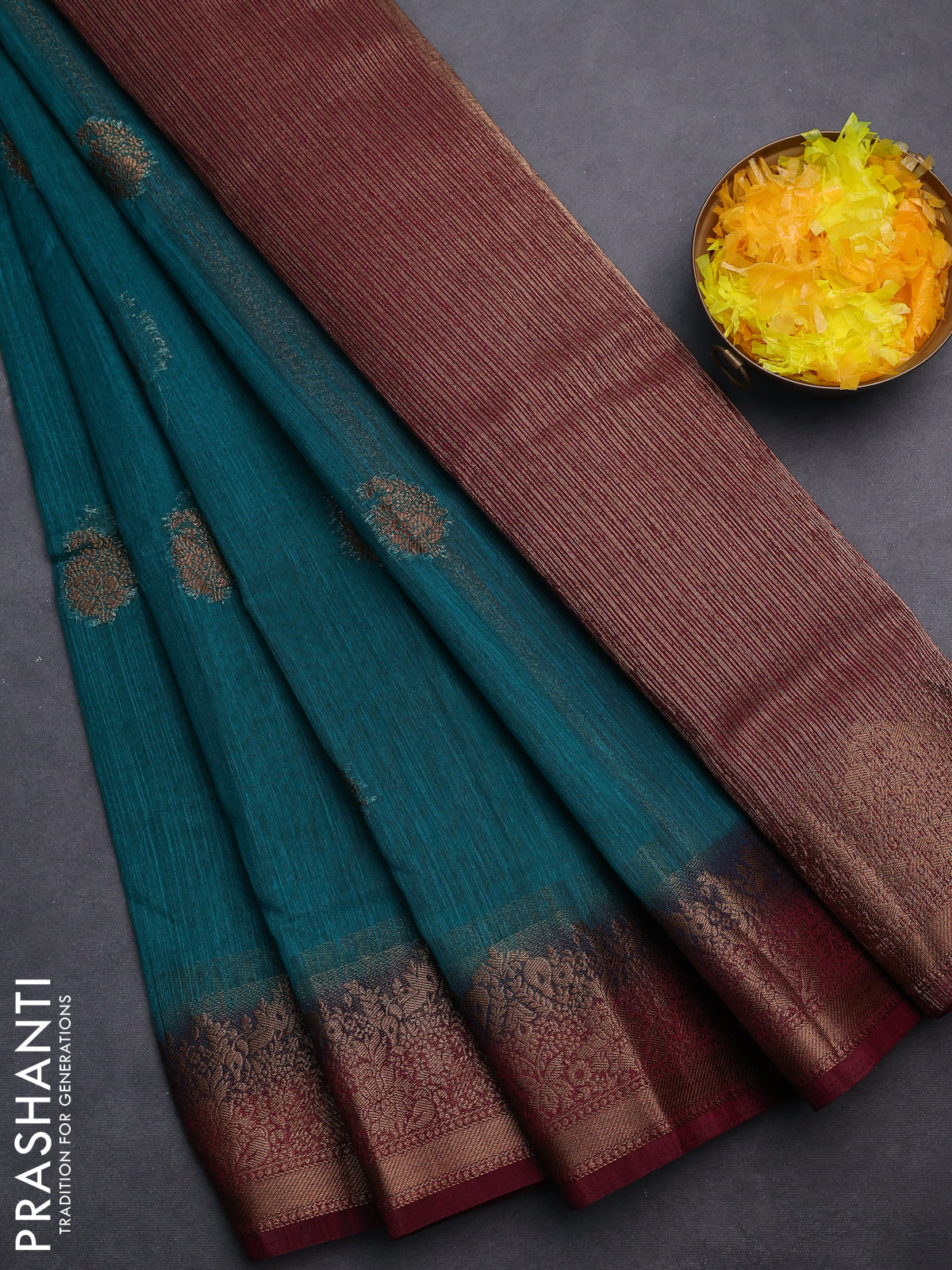 Banarasi semi matka saree teal green and wine shade with thread & zari woven buttas and banarastyle border