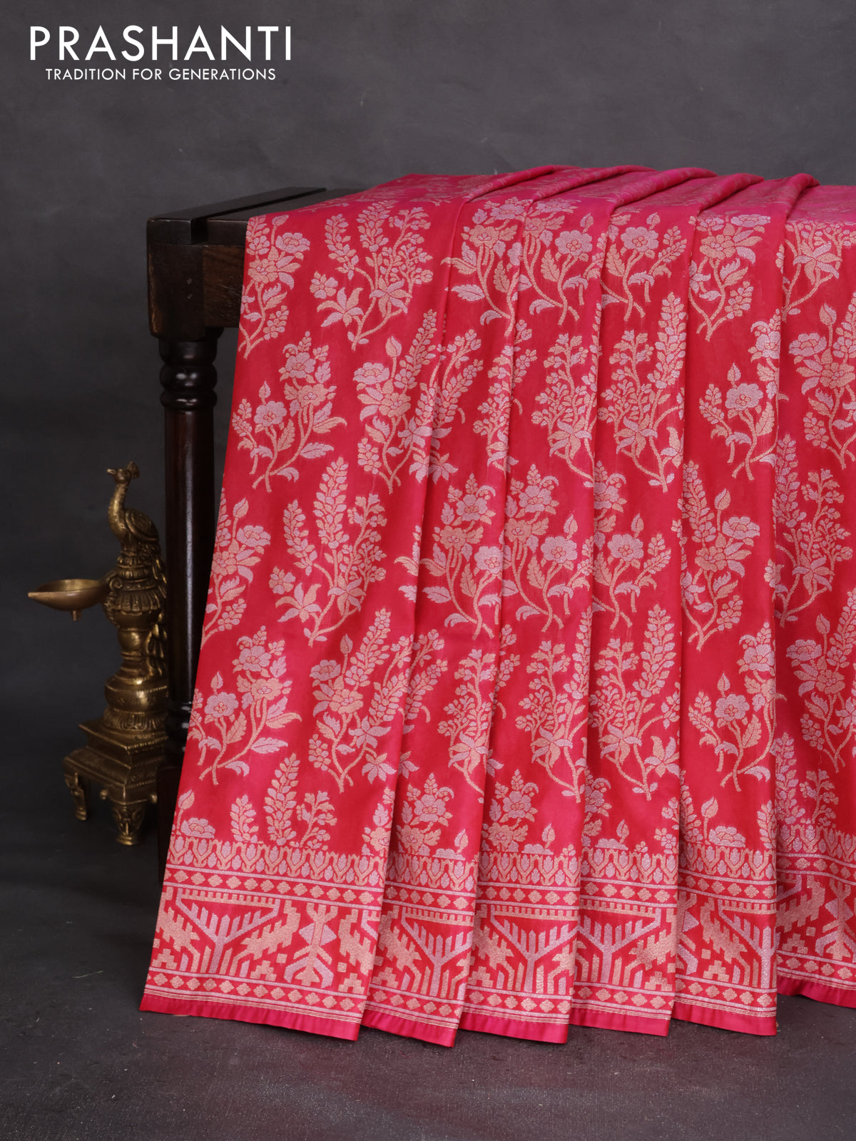 Banarasi semi katan silk saree reddish pink with allover zari weaves and zari woven border