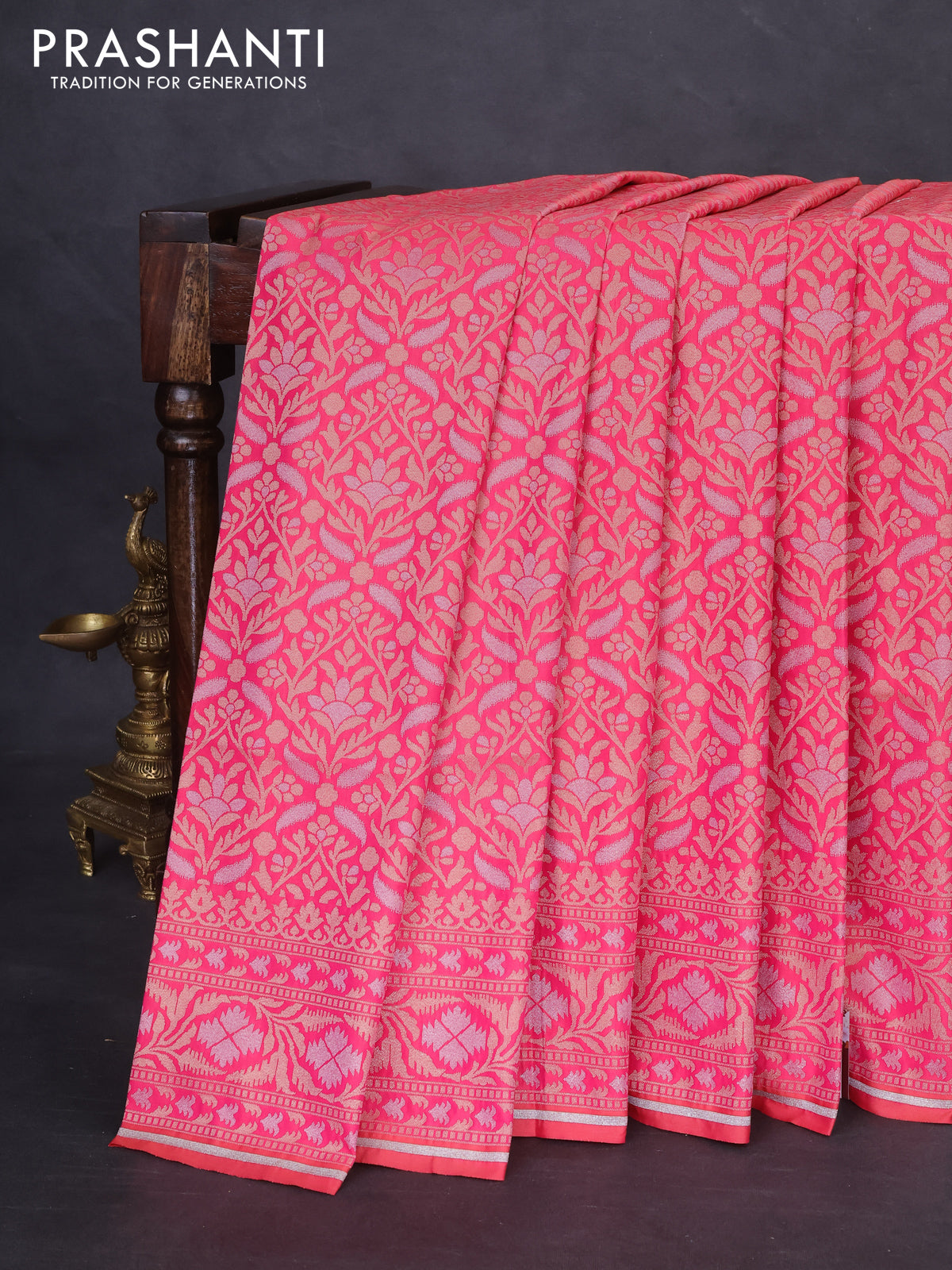 Banarasi semi katan silk saree dual shade of peach pink with allover zari woven brocade weaves and zari woven border