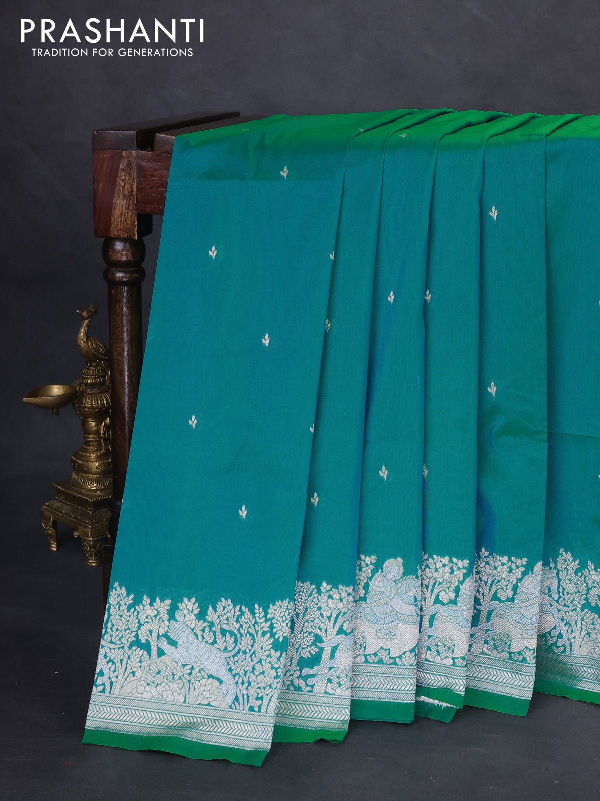 Banarasi semi katan silk saree teal bluish green with silver zari woven buttas and rich zari woven border