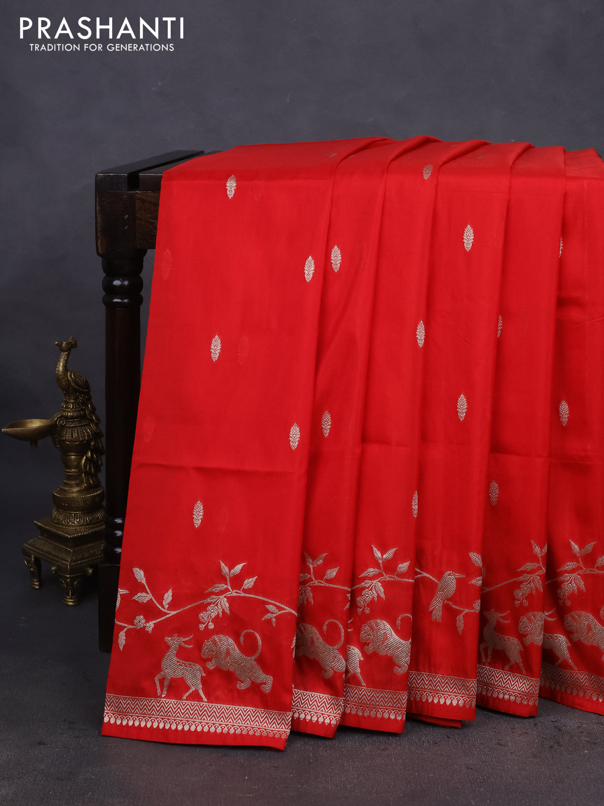 Banarasi semi katan silk saree red with zari woven buttas and rich zari woven border