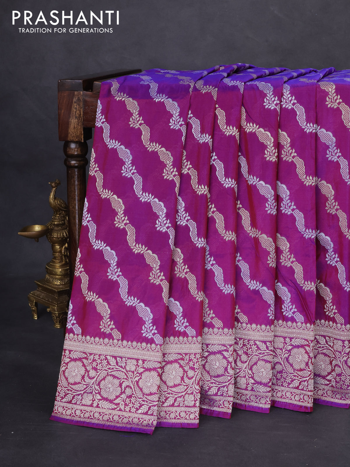 Banarasi semi katan silk saree purple with allover silver & gold zari weaves and floral zari woven border