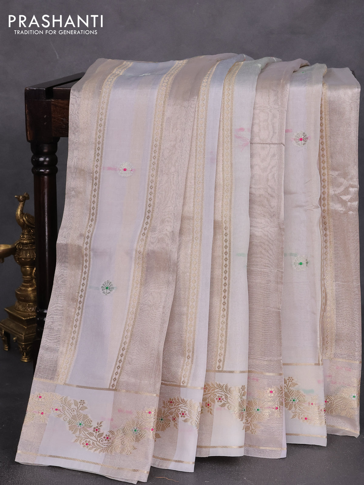 Banarasi tissue semi silk saree pastel grey with zari weaves & buttas and zari woven border