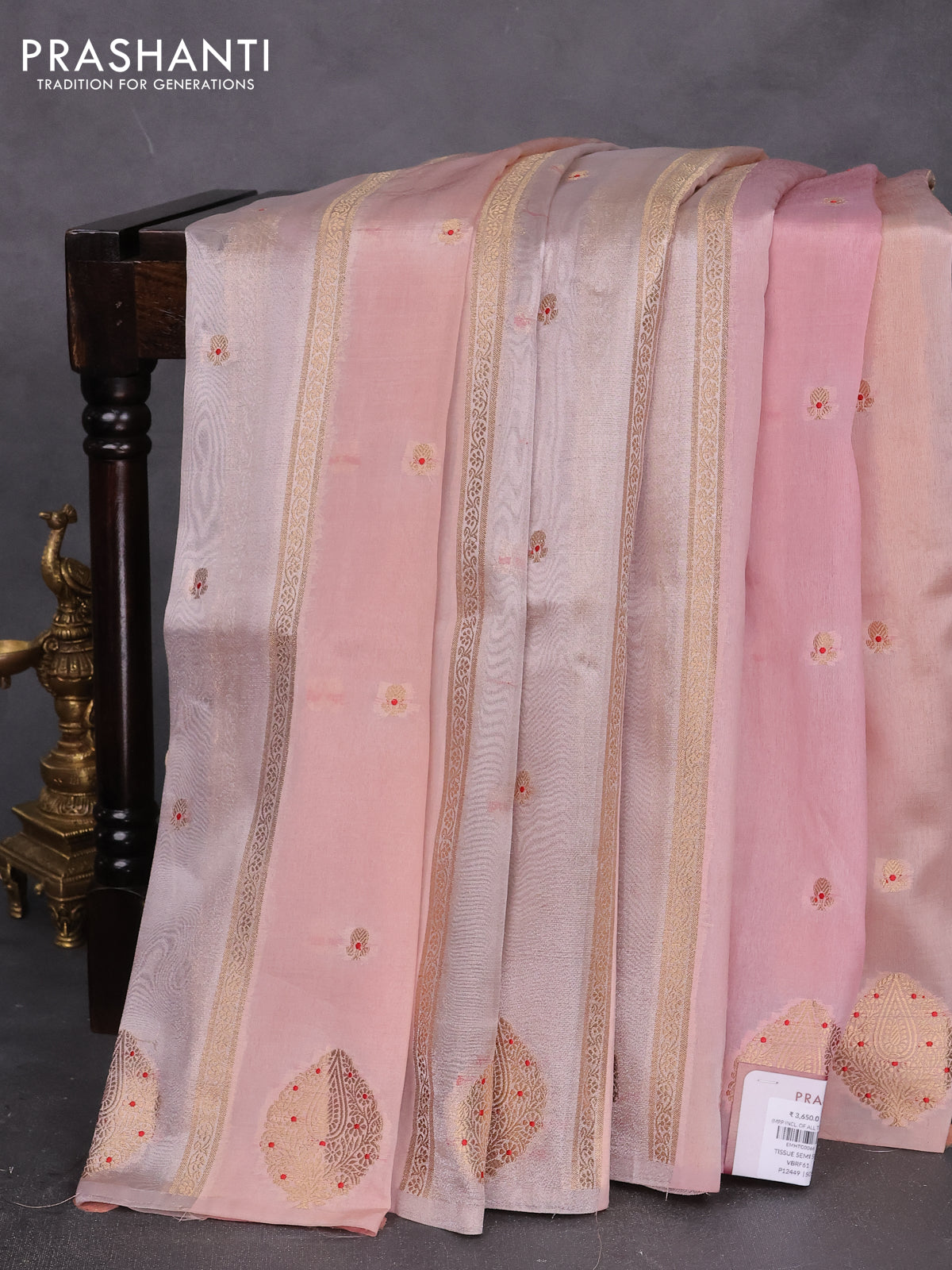 Banarasi tissue semi silk saree peach pink with zari weaves & buttas and zari woven butta border