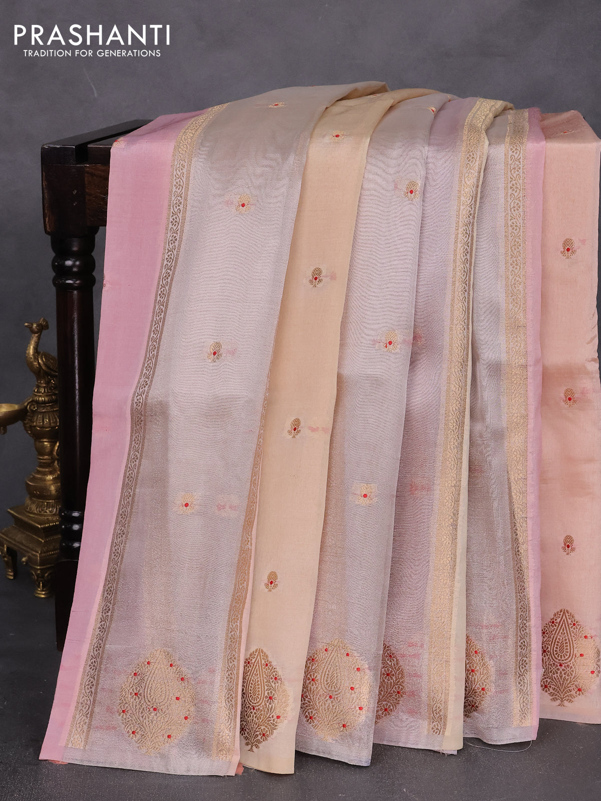 Banarasi tissue semi silk saree peach pink and pale orange with zari weaves & buttas and zari woven butta border