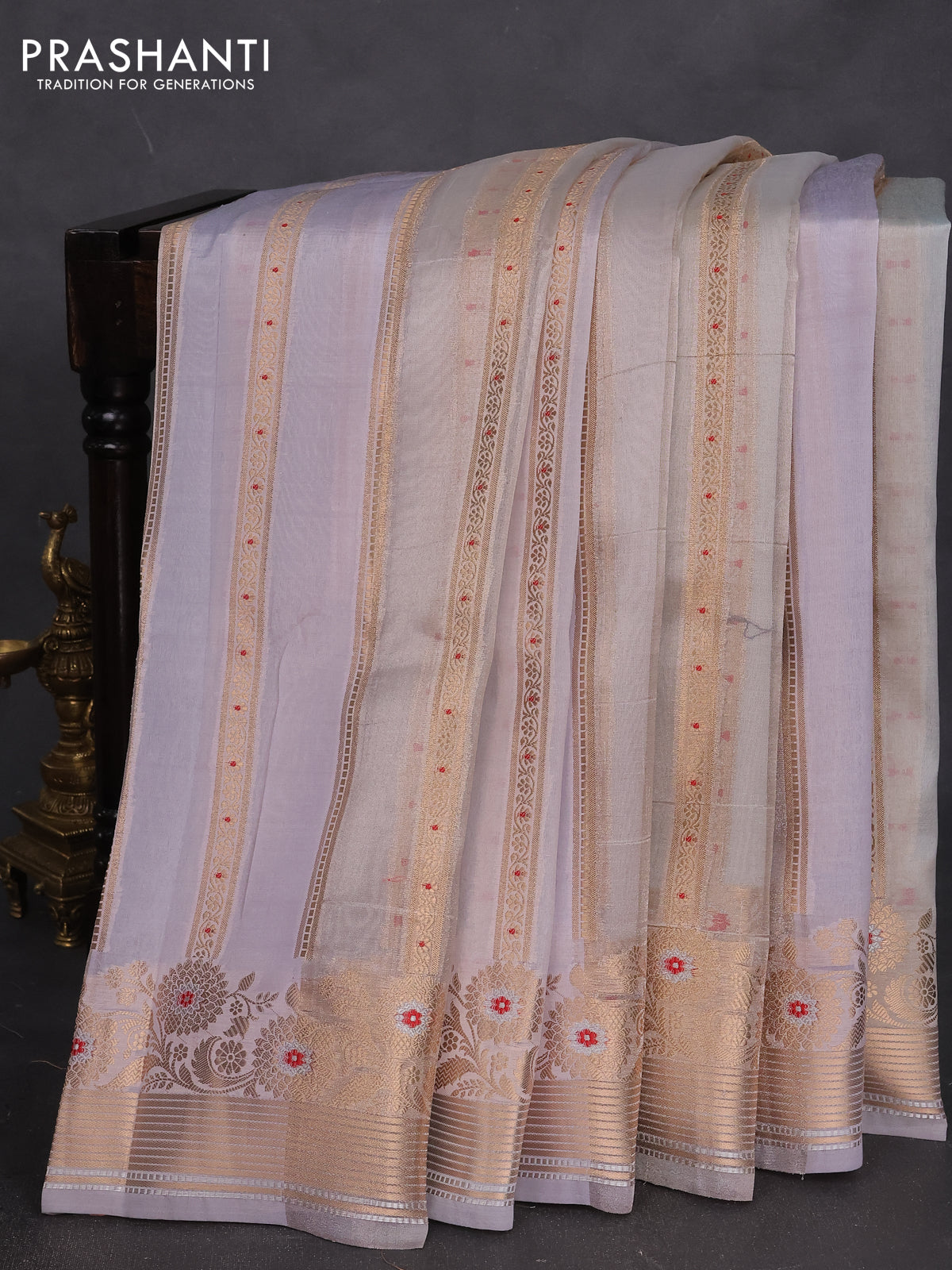 Banarasi tissue semi silk saree pastel shade and pastel lavender with allover zari weaves and zari woven floral border
