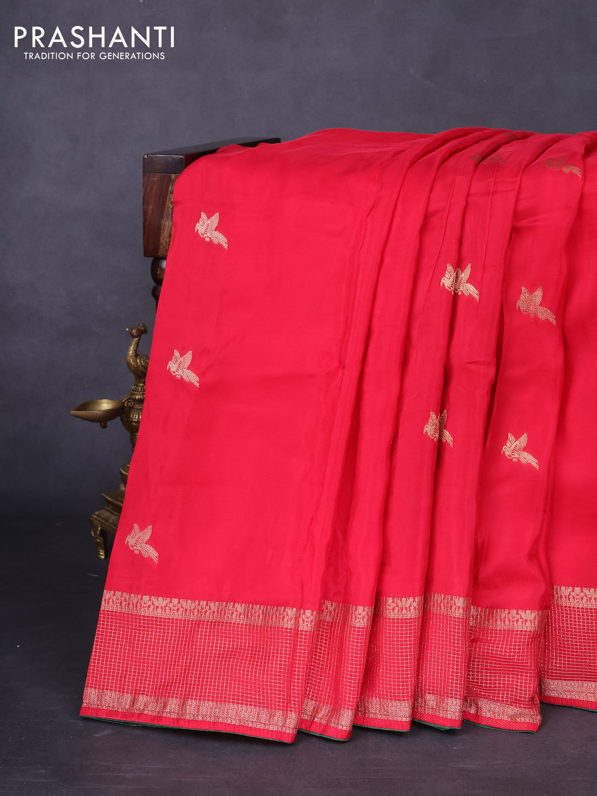 Banarasi silk saree red and green with zari woven brids buttas and zari woven border