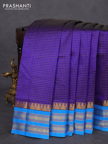 10 Yards silk cotton saree blue and cs blue with allover small zari checked pattern and zari woven border