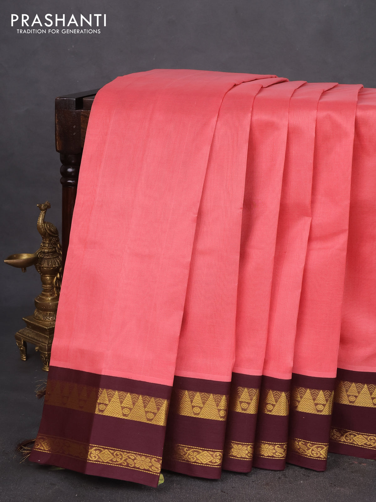 10 Yards silk cotton saree peach pink and deep maroon with plain body and zari woven korvai border