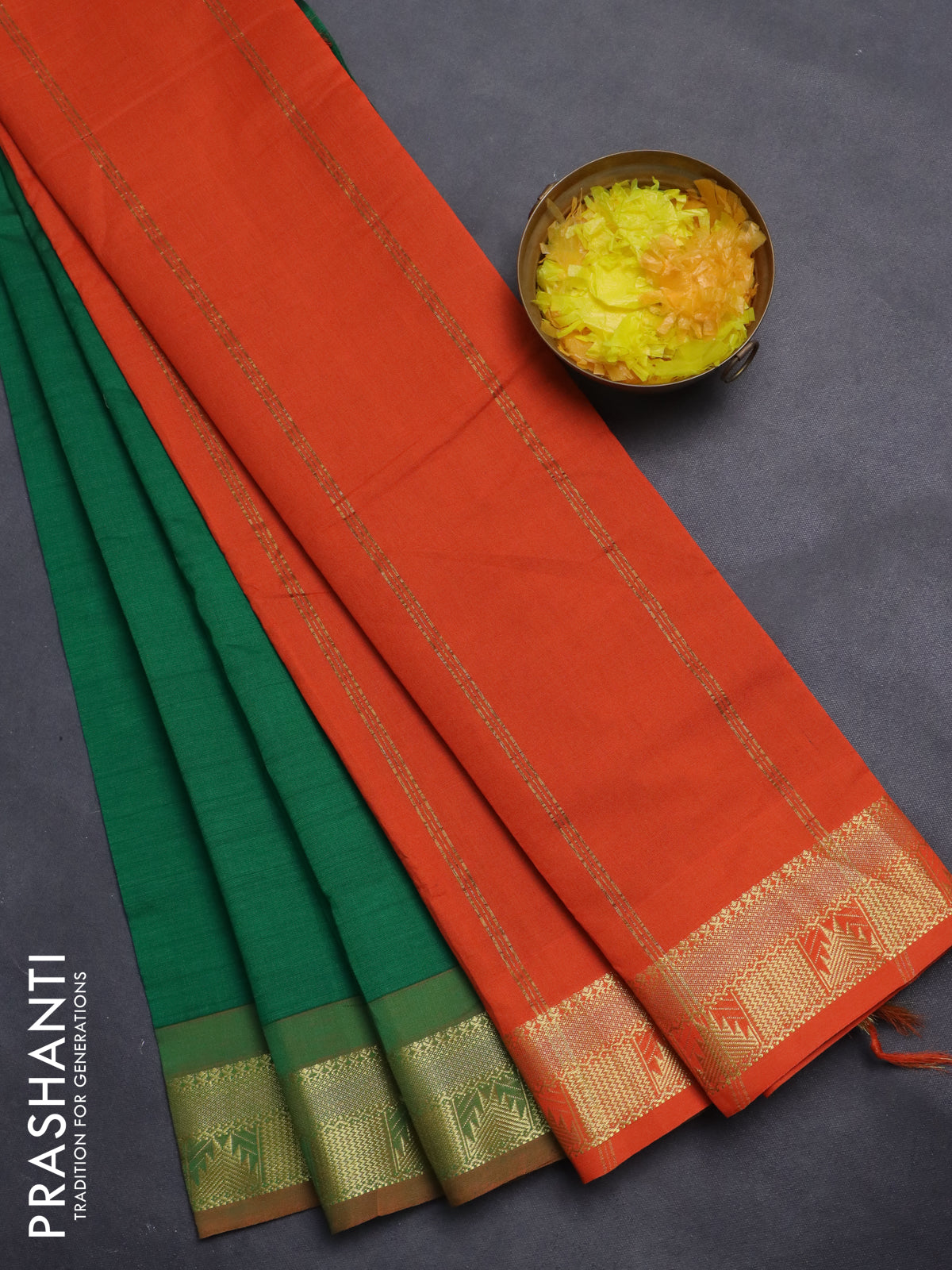 10 Yards poly cotton saree green and orange with plain body and zari woven border