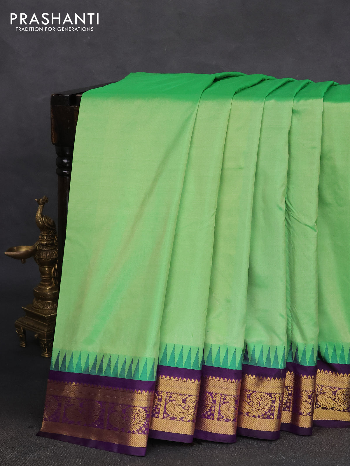 10 yards silk saree teal green and violet with plain body and temple design annam zari woven border