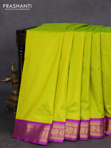10 yards silk saree lime green and purple with plain body and zari woven korvai border